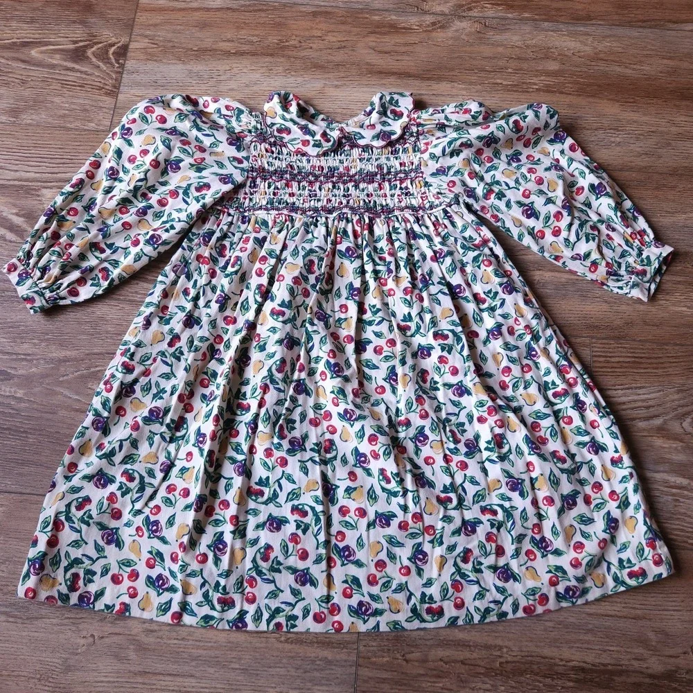 VTG OshKosh Collection Fruit Smocked Dress 5 Girls Corduroy Pears Cherries USA